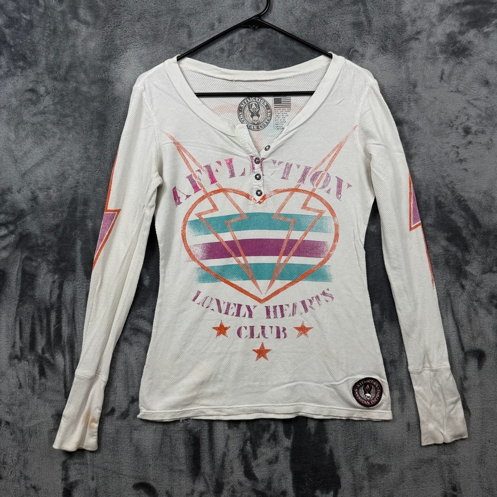Affliction Henley Shirt Womens Medium White Lonely Hearts Club Waffle Thermal